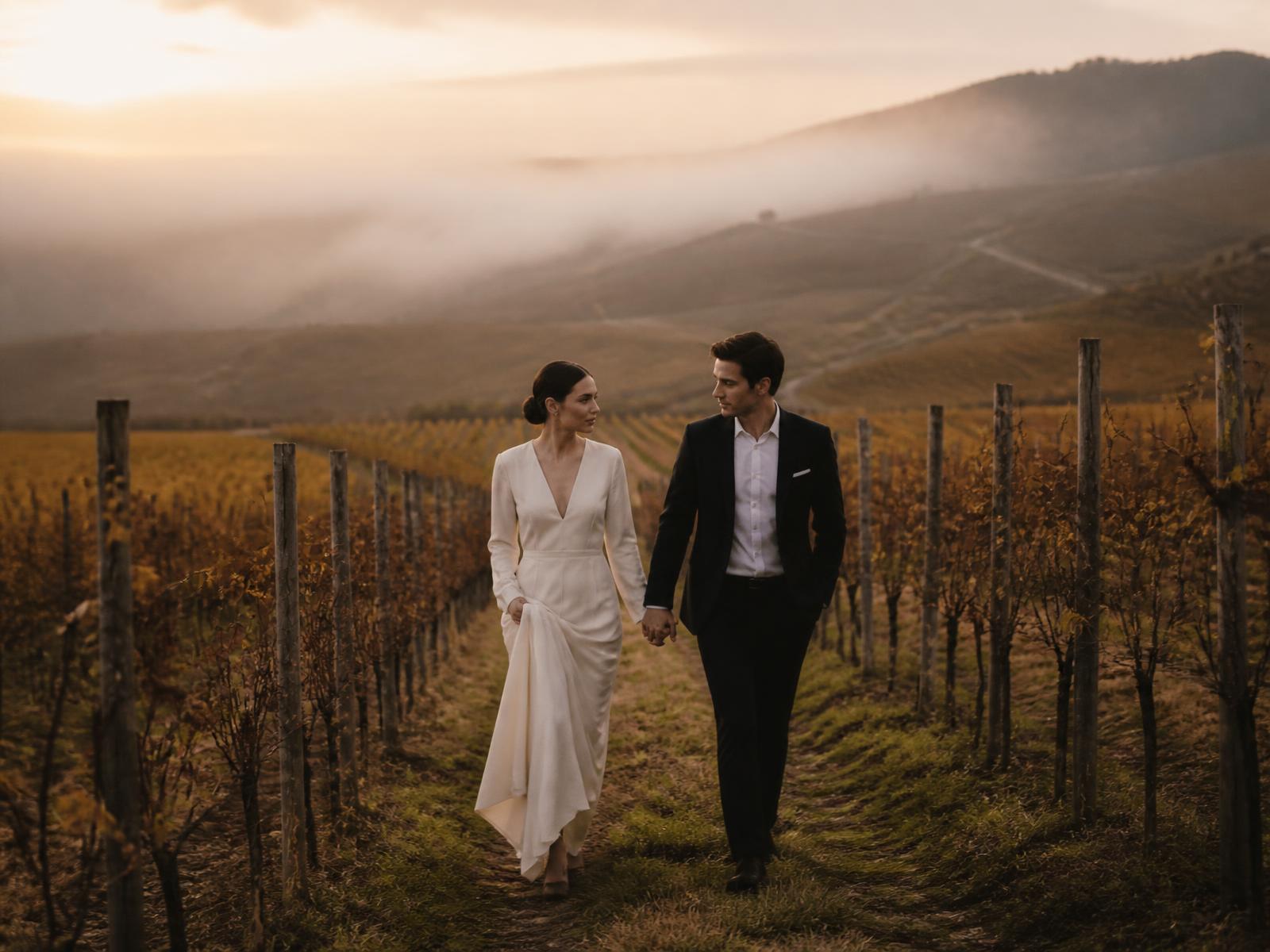 Couple de mariés marchant dans les vignes alsaciennes au coucher du soleil